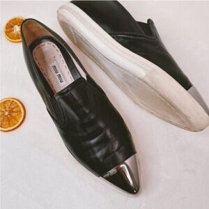 Miu Miu Womens Skate Shoes Black Leather Slip On Metal Cap Toe Size 36 Flats